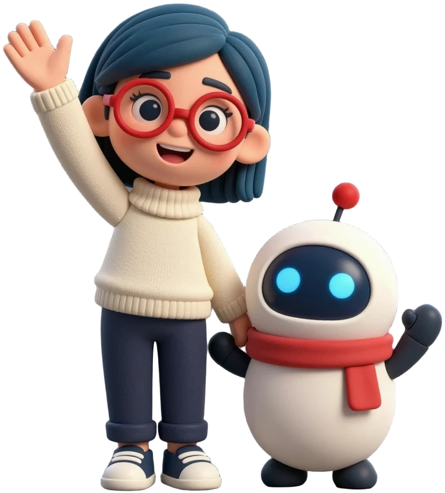 Ema, de anteojos rojos, y el robot Erpi saludan.