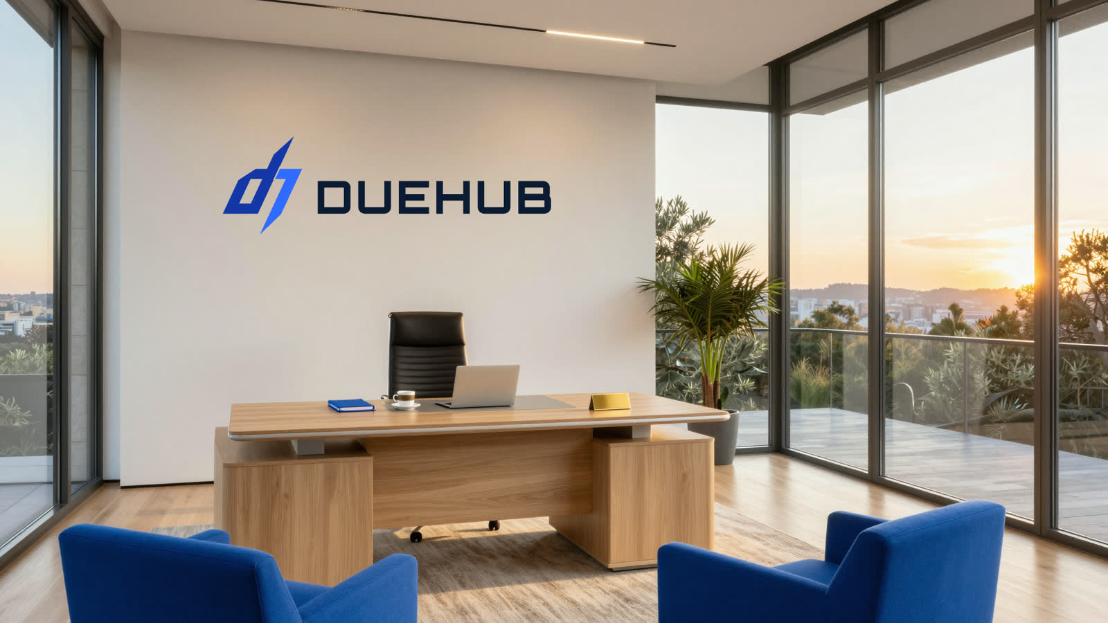 Un despacho con un gran escritorio de roble y un sillón vacío girado hacia quien mira, con el logo de DueHub en la pared.