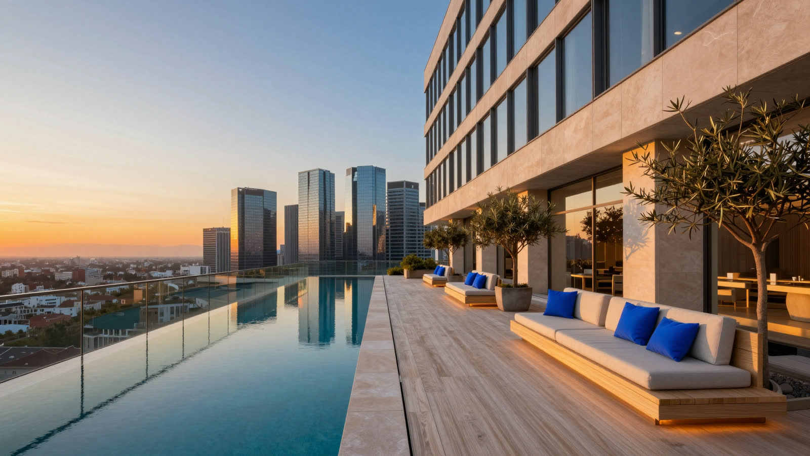 La terraza del edificio al atardecer, con un espejo de agua y la ciudad al fondo.
